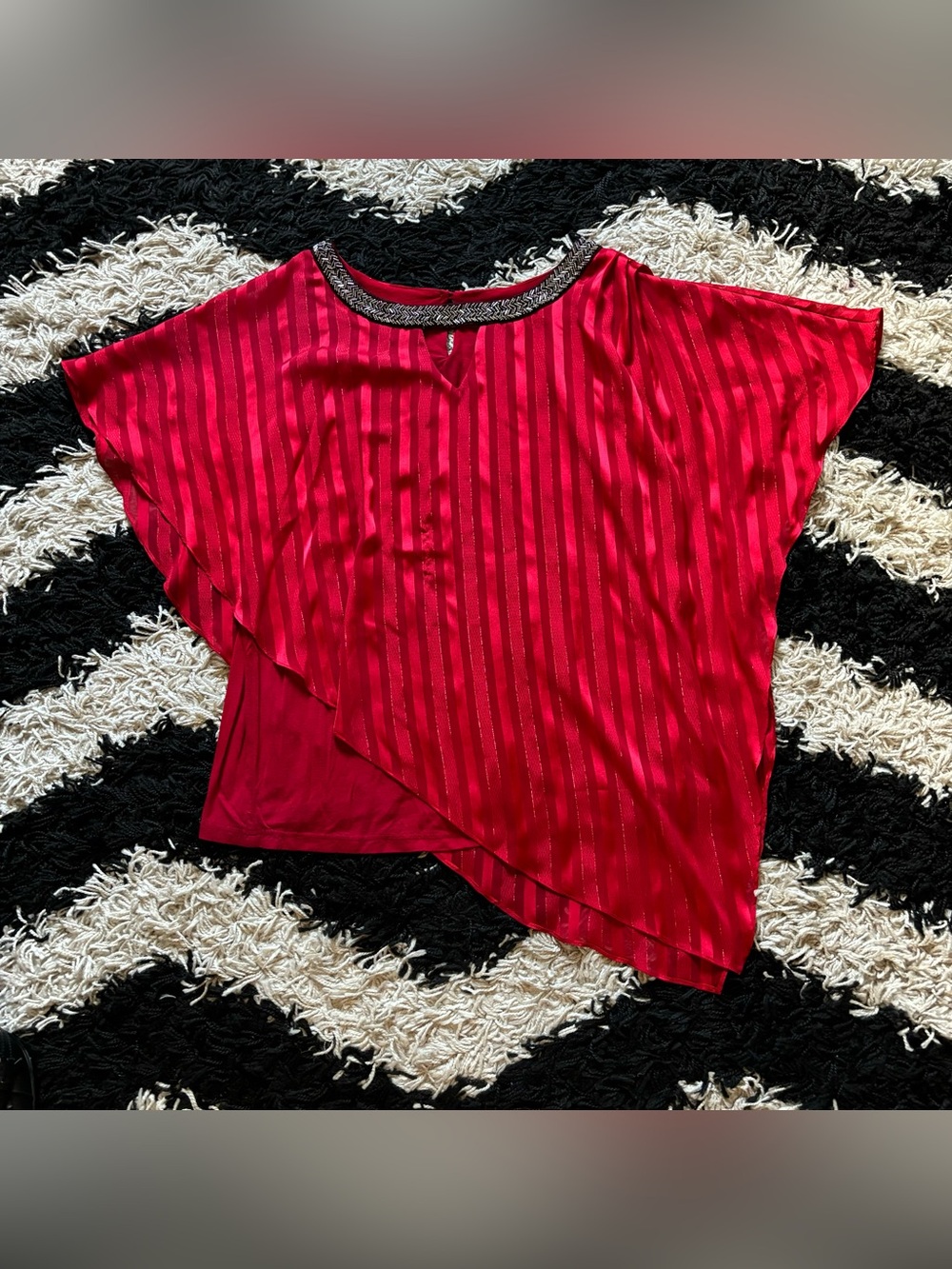 AGB Woman Asymmetrical Shimmery Red Bedazzled Neckline Poncho Attached Tank Top